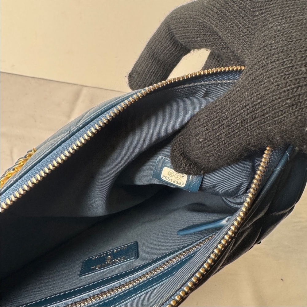 CHANEL Chanel Matelasse Blue Quilted Lamb Skin Clutch Back Pocket zipperClosure - Picture 6 of 7